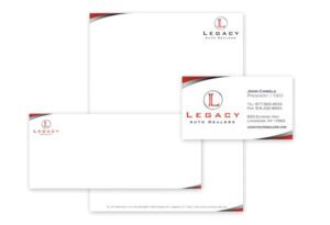 Business Card, letterhead, envelope Sample for Legacy Auto Dealers
