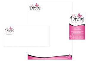 Business Card, letterhead, envelope Sample For Lil Divas Spa On The Go